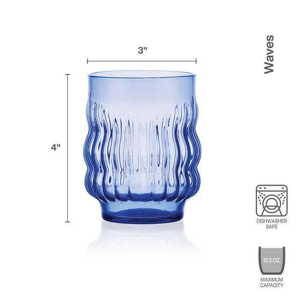Waves Blue Set of 4 Stackable Double Old Fashioned Glasses