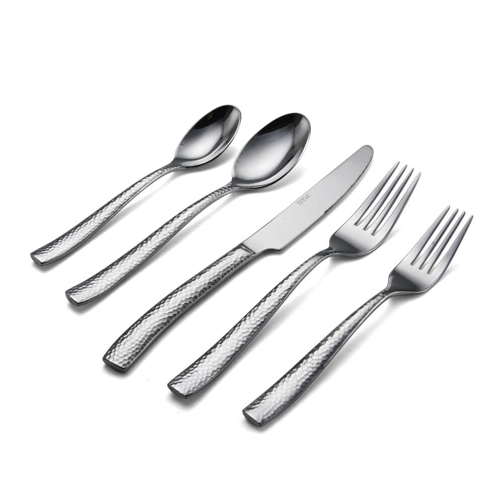 Texture 20 piece flatware set for four with hammered stainless steel handles