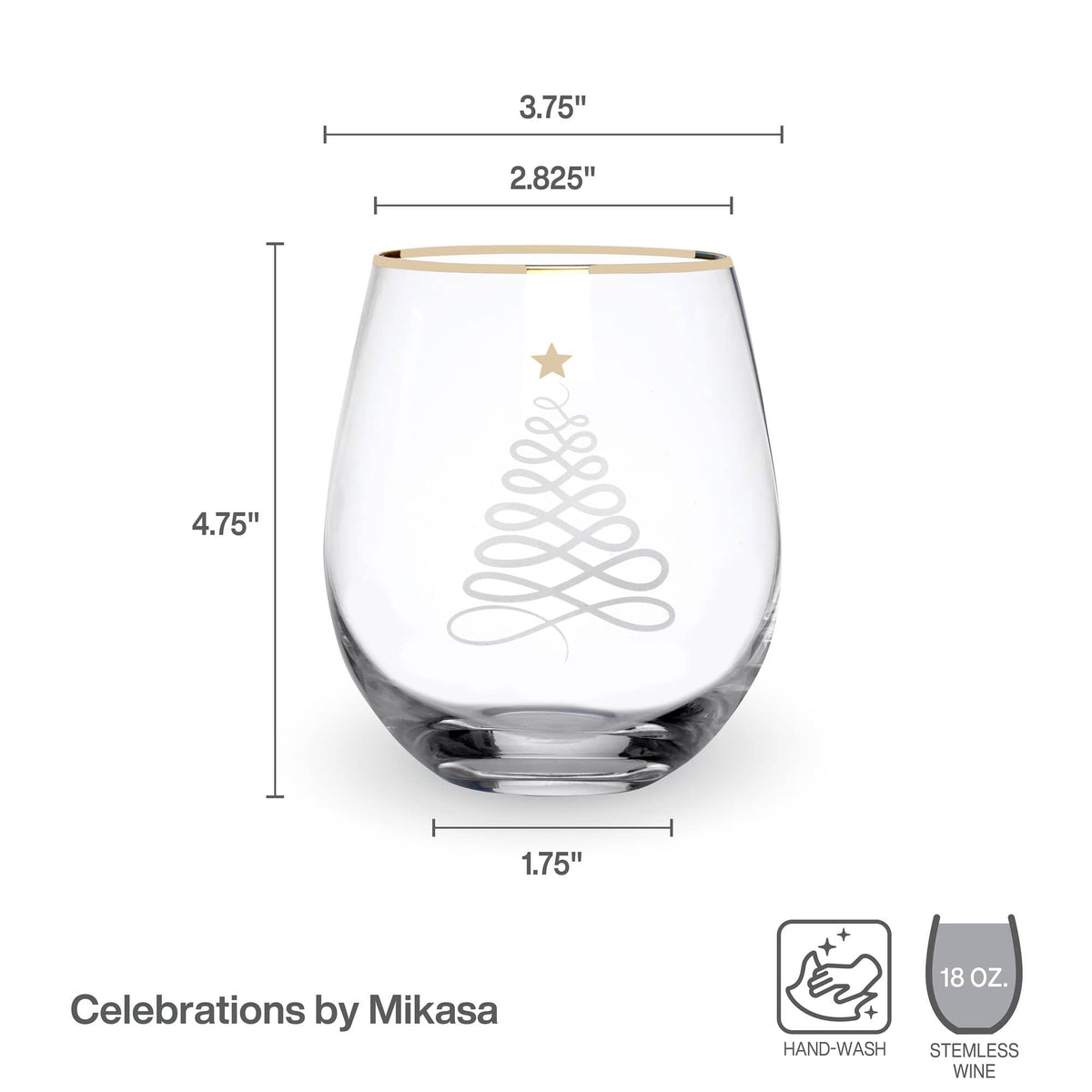 White Christmas Tree  Set of 4 Gold Rim Stemless Wine Glasses