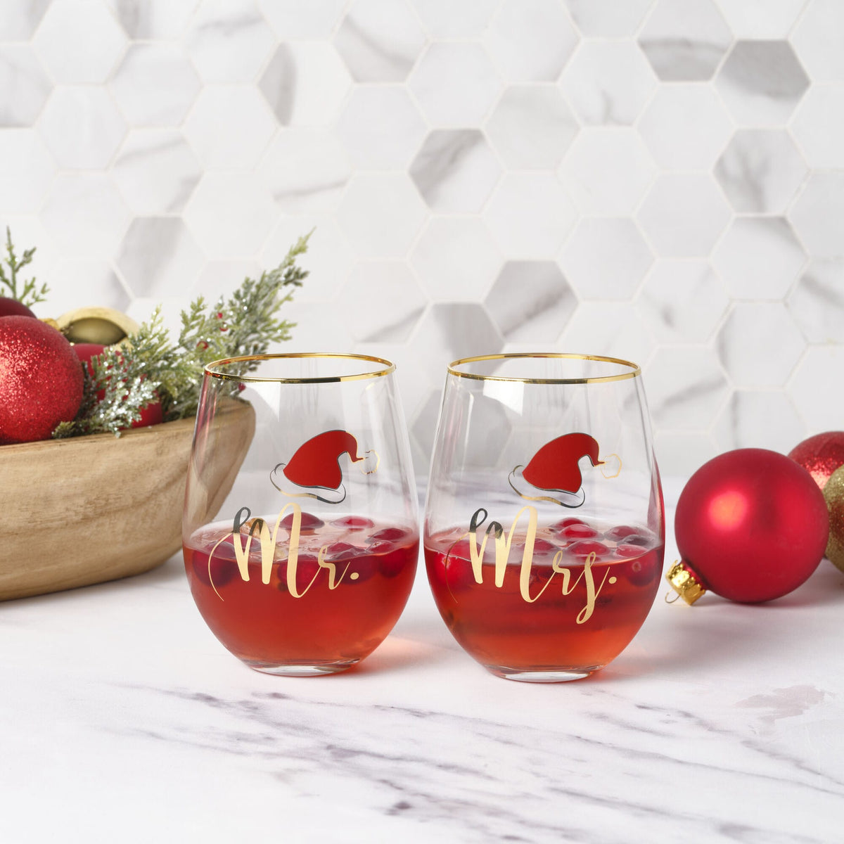 Mr. and Mrs. Santa Set of 2 Gold Rim Stemless Wine Glasses