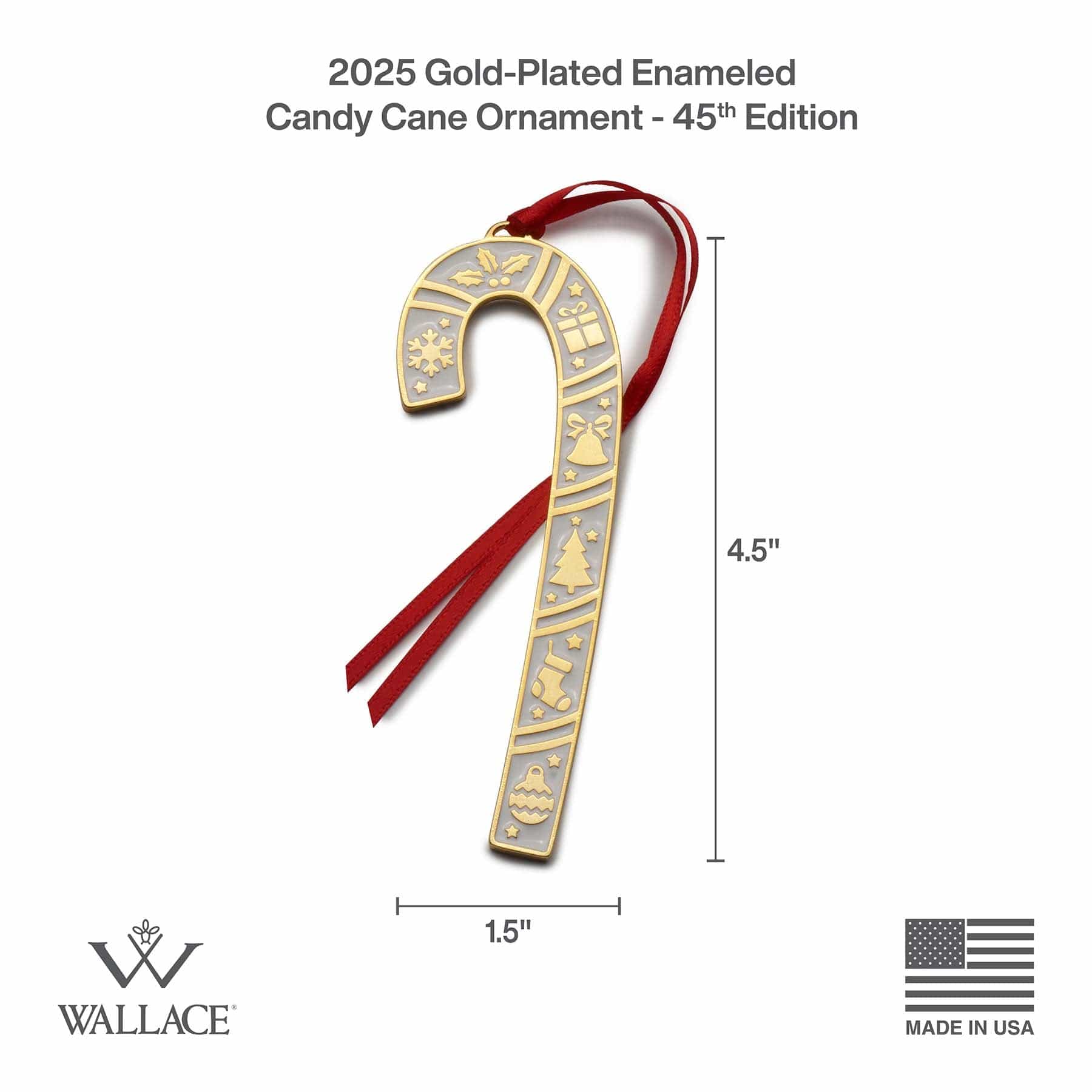 2025 Gold Plate & Enameled Candy Cane Ornament  45th Edition