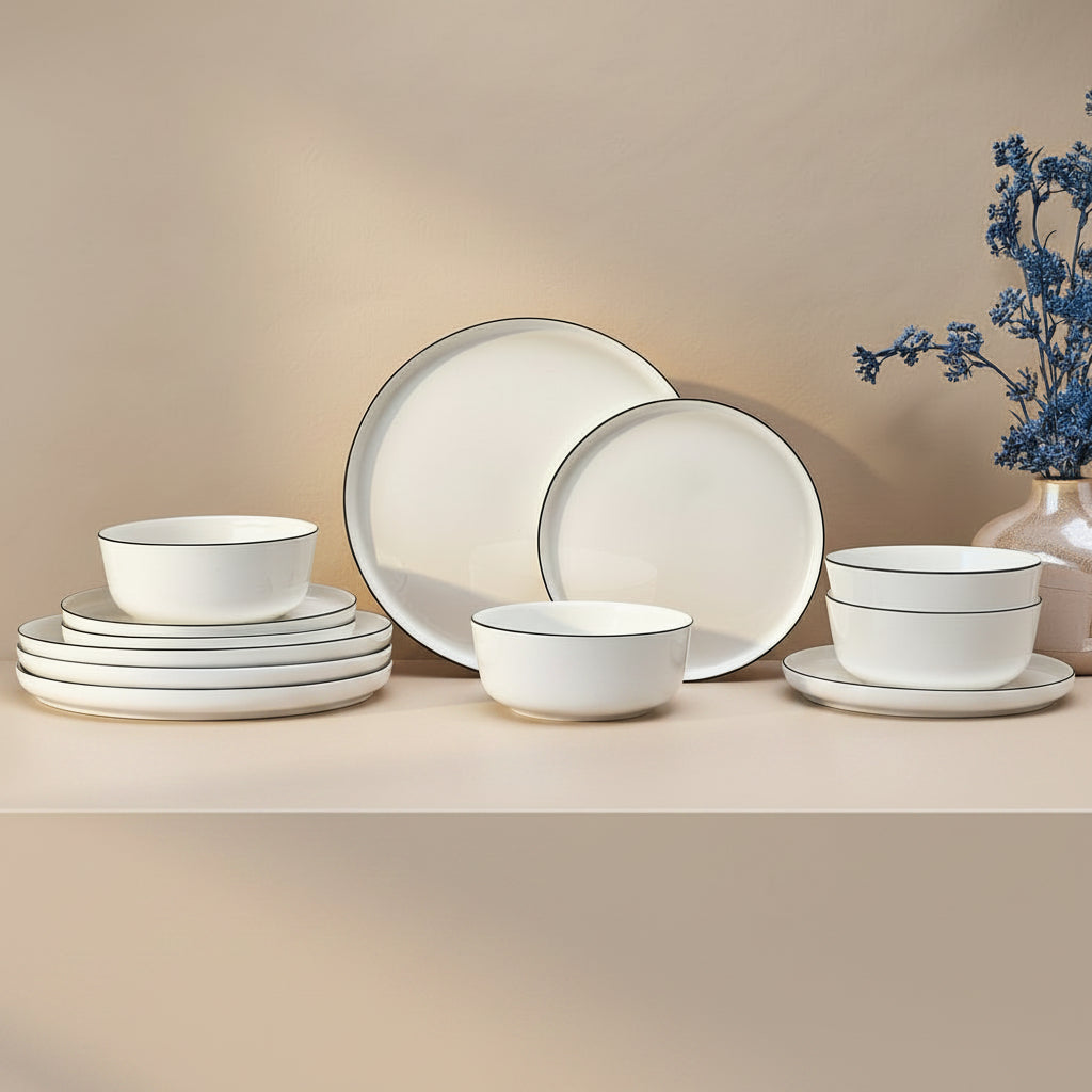 Samantha Banded Black 12 Piece Dinnerware Set, Service for 4