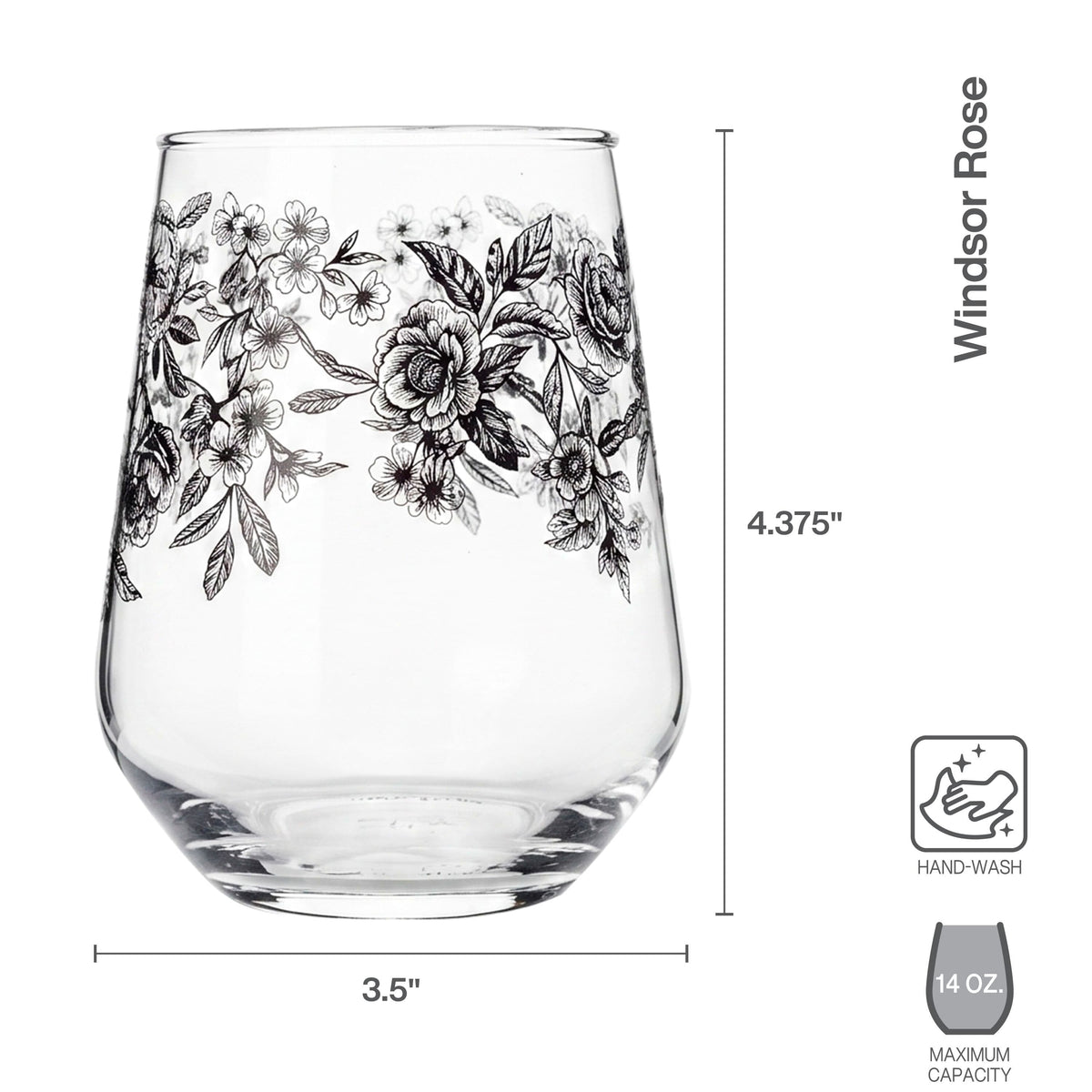 Windsor Rose Set of 4 Stemless Wine Glasses