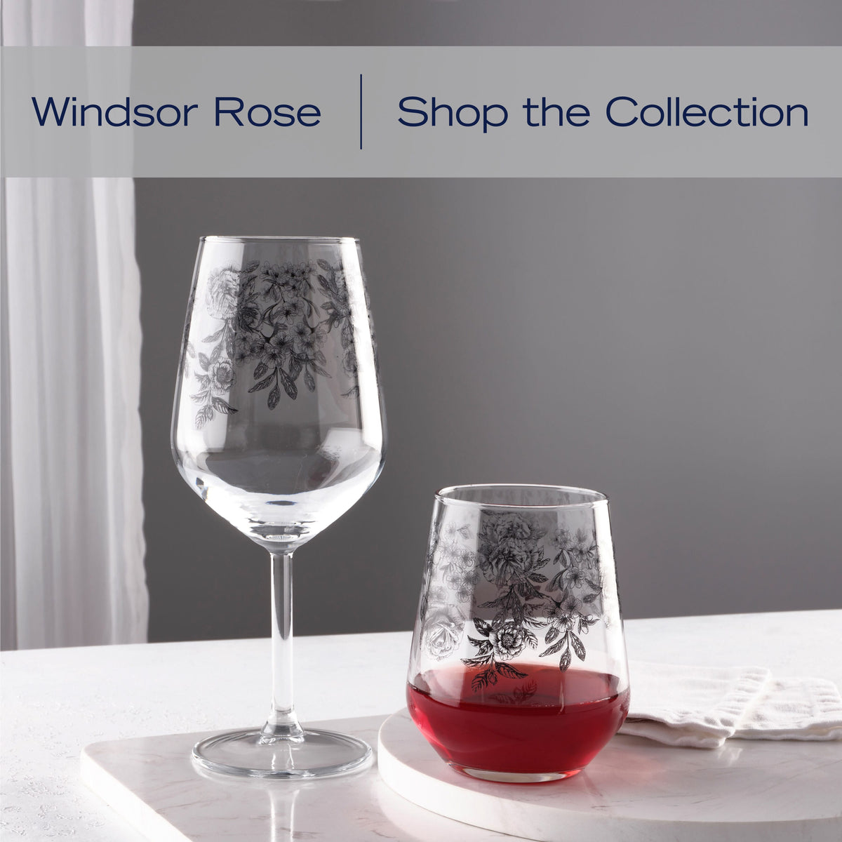 Windsor Rose Set of 4 Stemless Wine Glasses