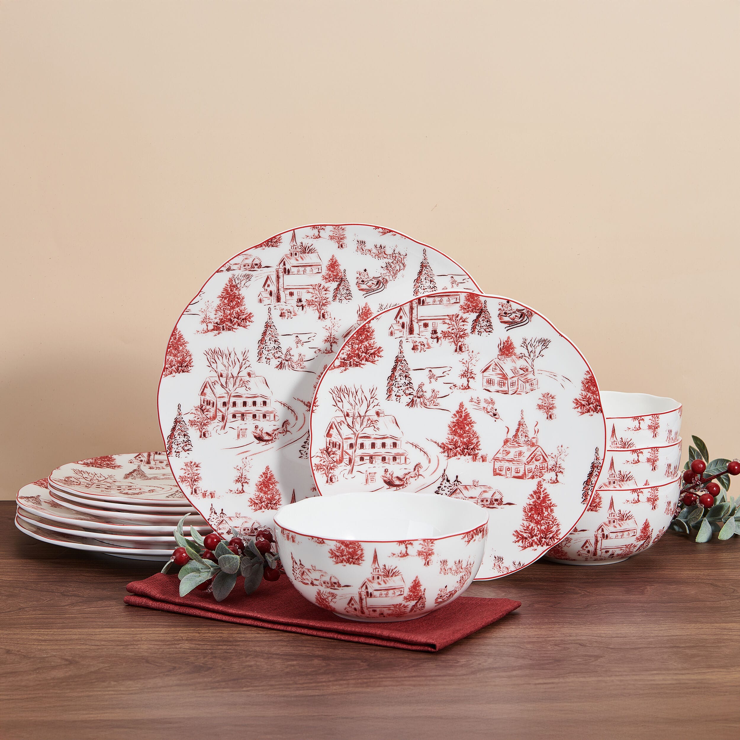 Holiday Village Dinnerware Set, Service for 4