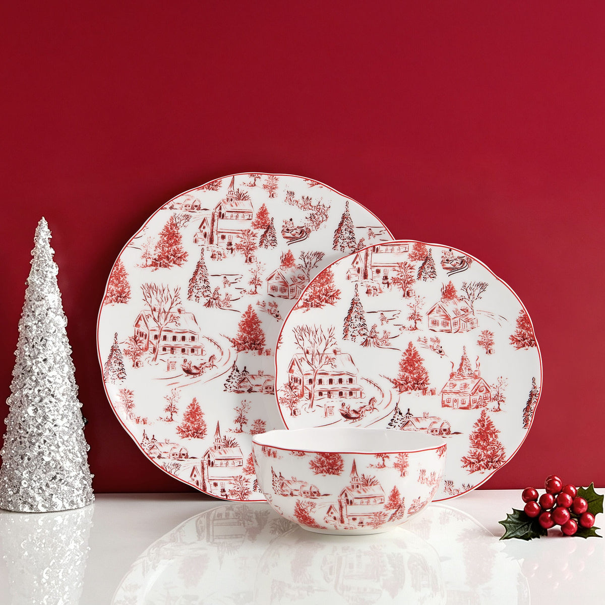 Holiday Village Dinnerware Set, Service for 4