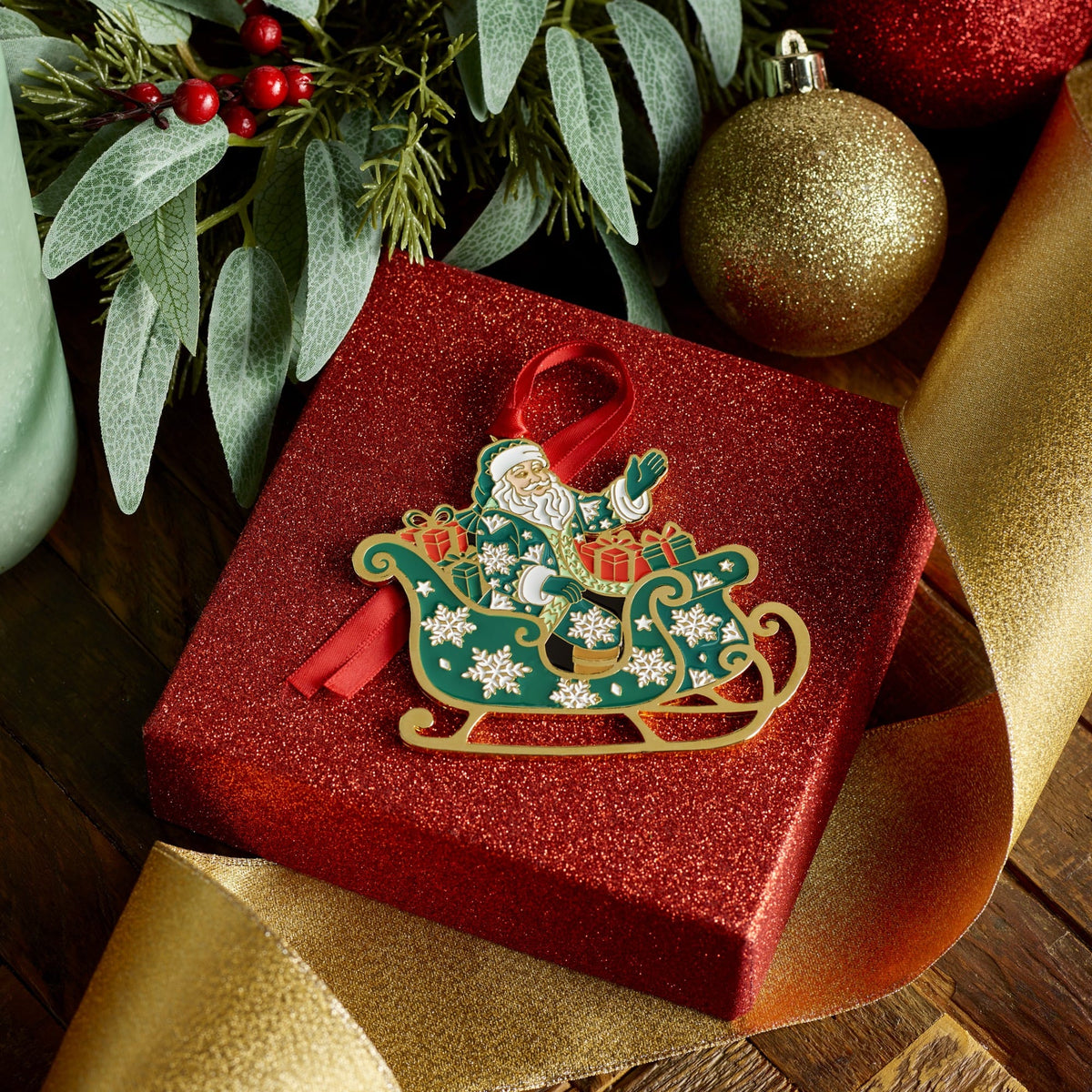 Fitz & Floyd 2026 Gold Plated Enameled Santa Ornament