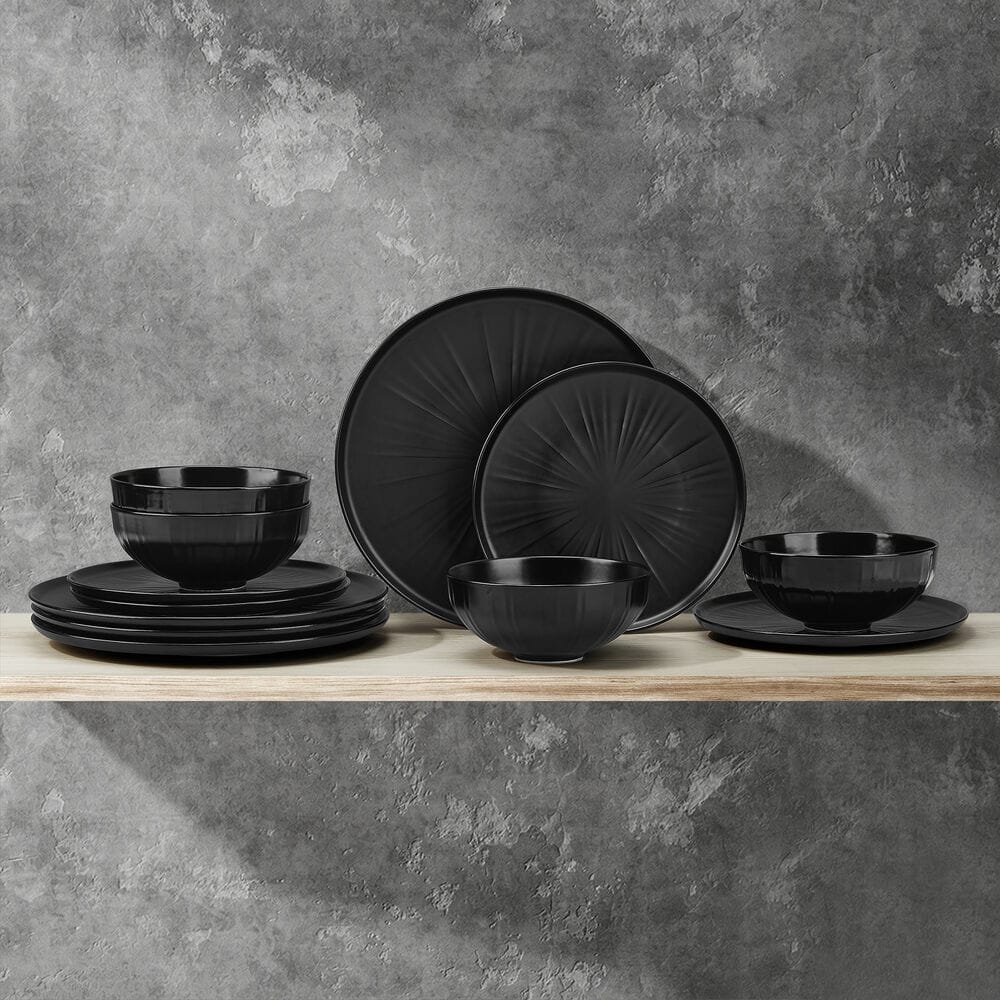 Desmond 12 Piece Black Bone China Dinnerware Set, Service for 4