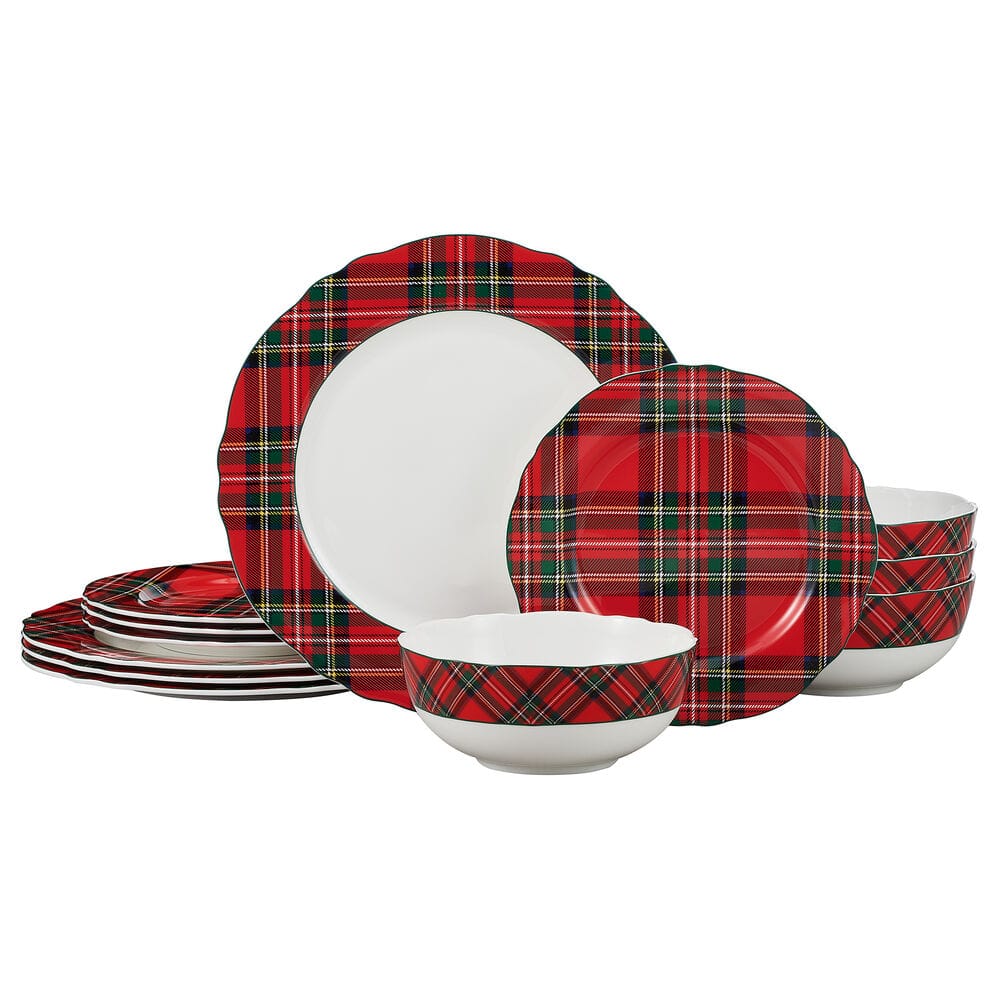 Tartan Red Scallop 12 Piece Dinnerware Set, Service for 4
