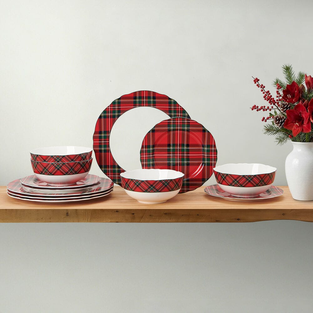 Tartan Red Scallop 12 Piece Dinnerware Set, Service for 4
