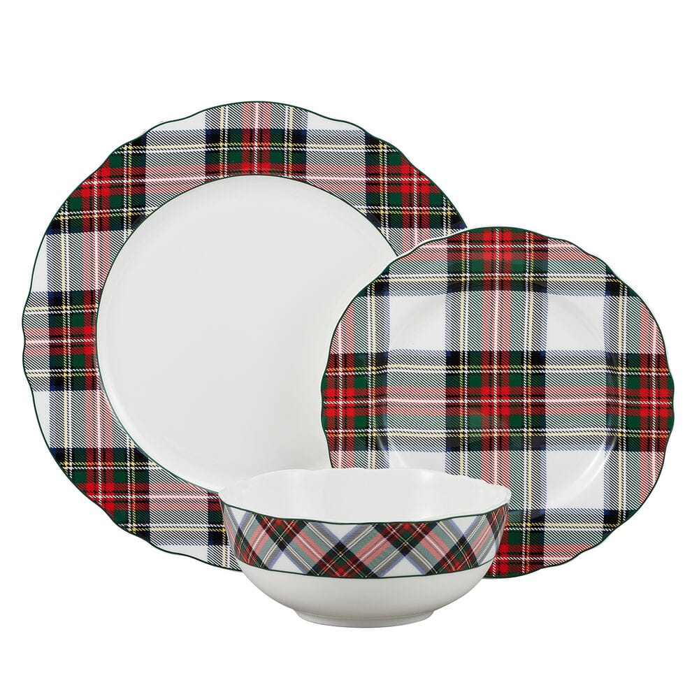 Tartan White Scalloped 12 Piece Dinnerware Set, Service for 4