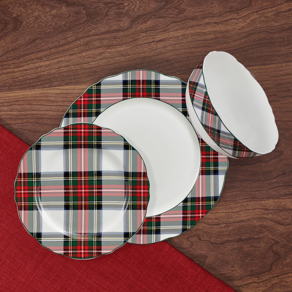 Tartan White Scalloped 12 Piece Dinnerware Set, Service for 4