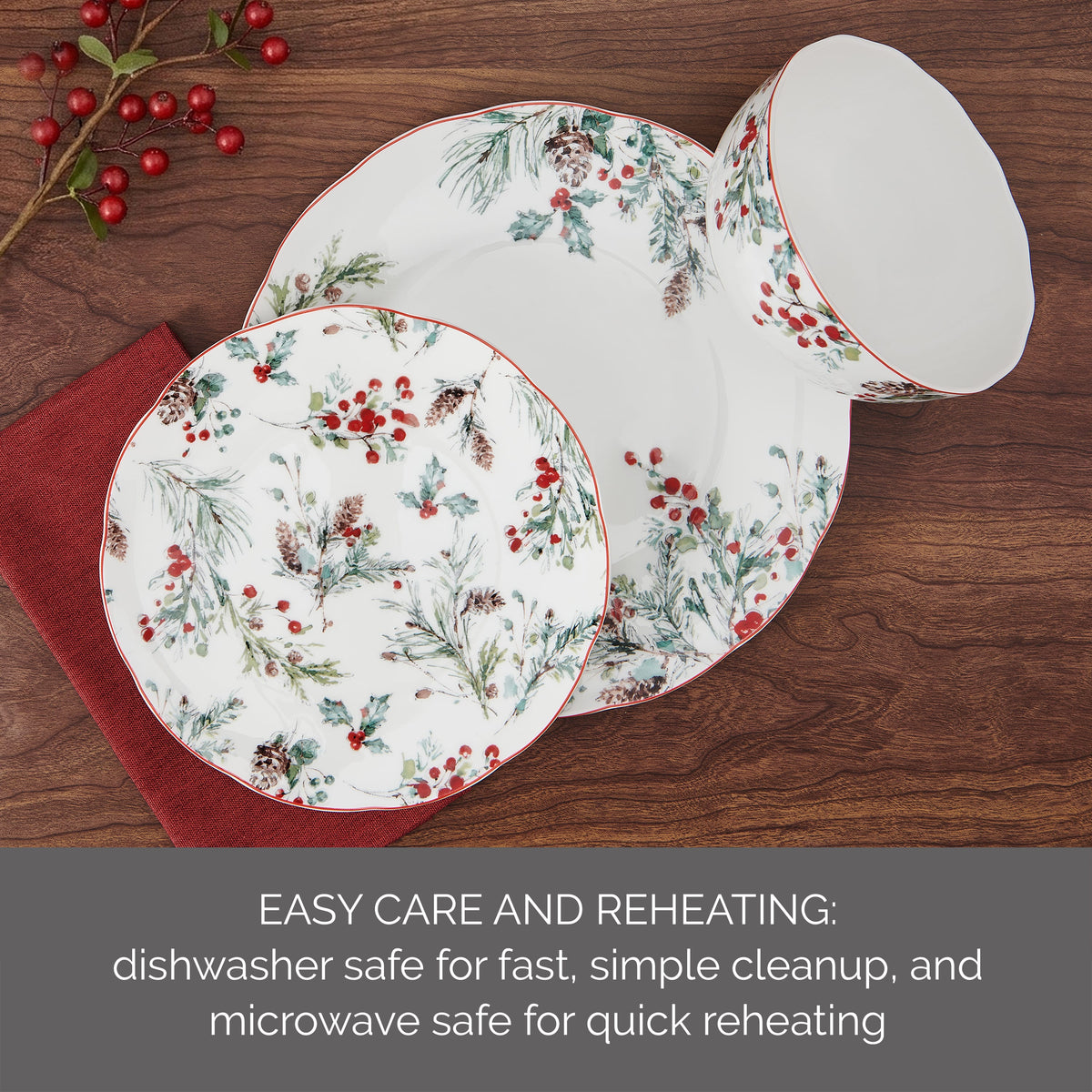 Pine and Berry 12 Piece Dinnerware Set, Service for 4