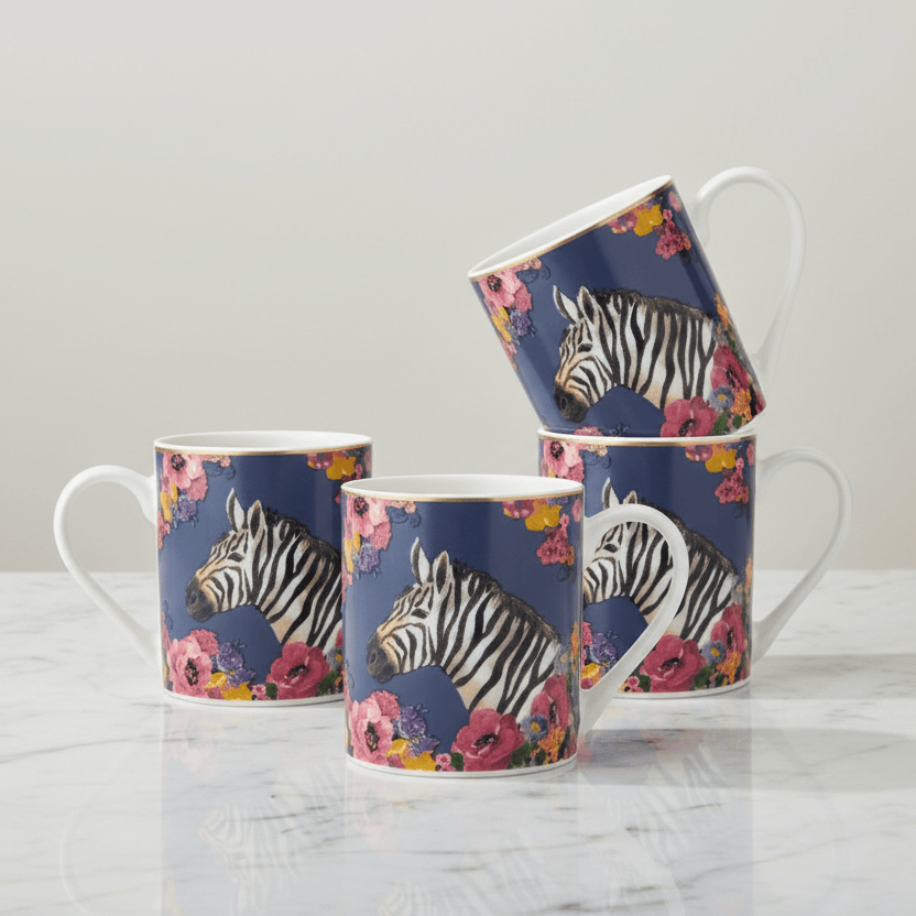 Wild at Heart Gold Banded Zebra Set of 4 Mugs