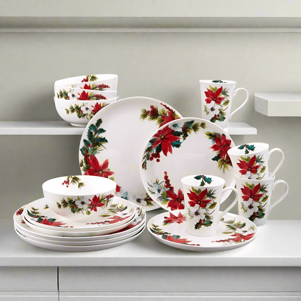 Hope Joy Poinsettia 16 Piece Dinnerware Set, Service for 4