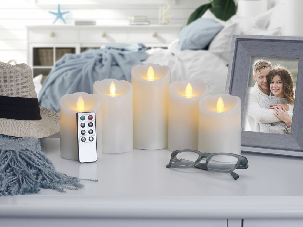 Flameless Set of 5 Melted Edge Pillar LED Candles with Remote Mikasa