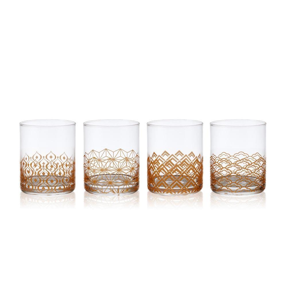 Art Deco Set of 4 Gold Double Old Fashioned Whiskey Glasses Mikasa