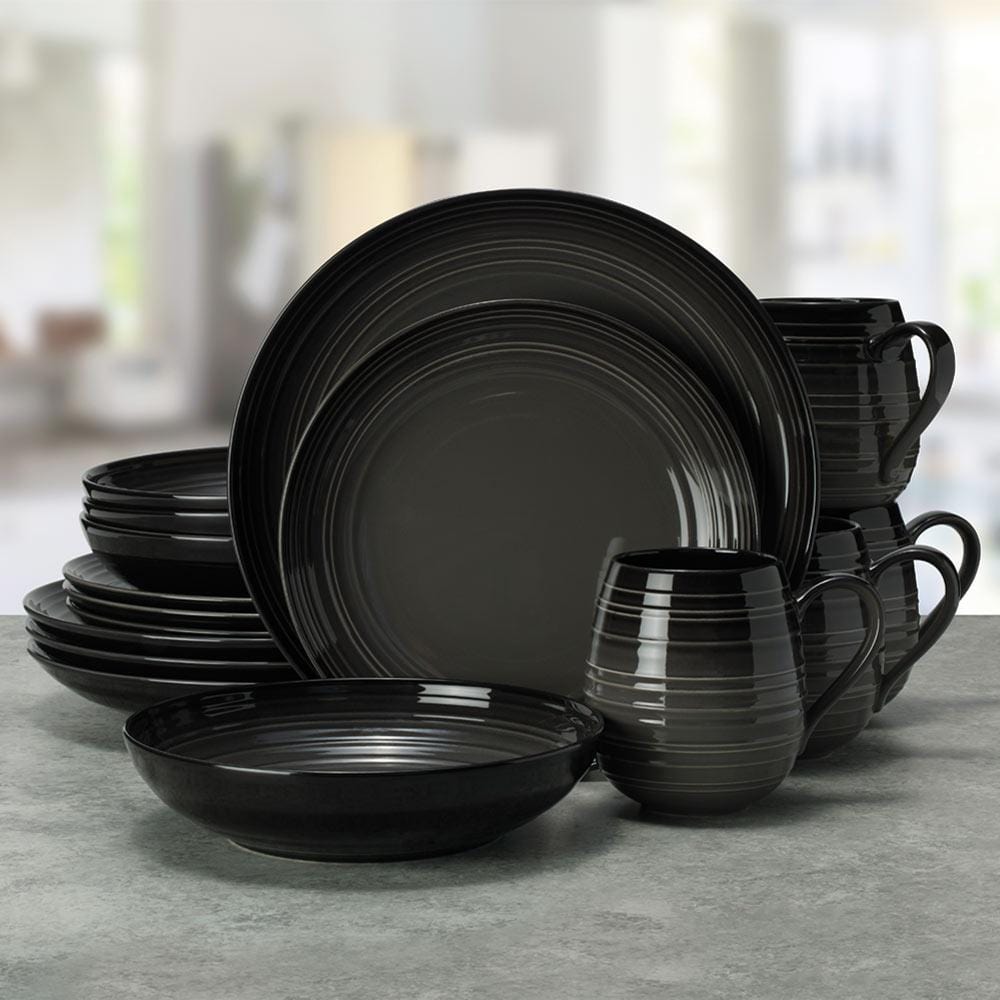 Swirl Black Coupe with Graphite Ombre Accent 16 Piece Dinnerware Set,